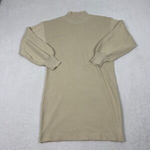 Women Beige Mock Neck Ribbed‎ Long Sleeve Sweater Dress M